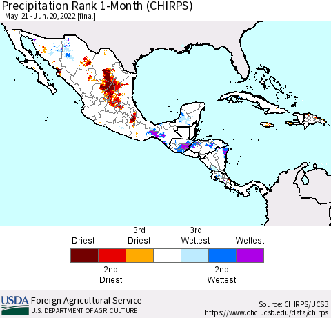 Mexico Central America and the Caribbean Precipitation Rank since 1981, 1-Month (CHIRPS) Thematic Map For 5/21/2022 - 6/20/2022
