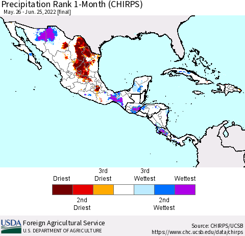 Mexico Central America and the Caribbean Precipitation Rank since 1981, 1-Month (CHIRPS) Thematic Map For 5/26/2022 - 6/25/2022