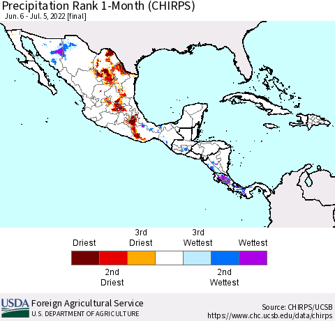 Mexico Central America and the Caribbean Precipitation Rank since 1981, 1-Month (CHIRPS) Thematic Map For 6/6/2022 - 7/5/2022