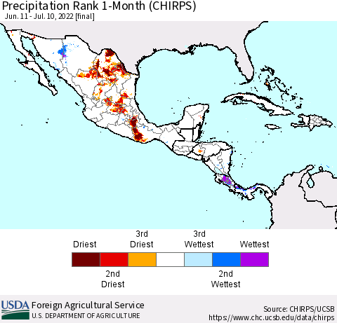 Mexico Central America and the Caribbean Precipitation Rank since 1981, 1-Month (CHIRPS) Thematic Map For 6/11/2022 - 7/10/2022