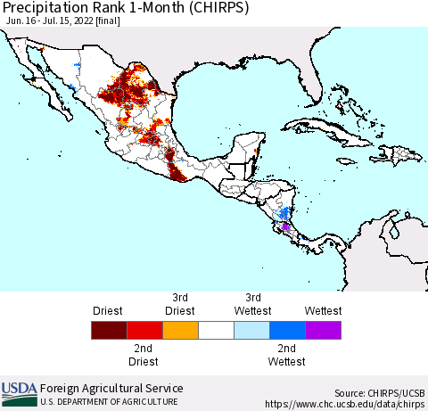 Mexico Central America and the Caribbean Precipitation Rank since 1981, 1-Month (CHIRPS) Thematic Map For 6/16/2022 - 7/15/2022