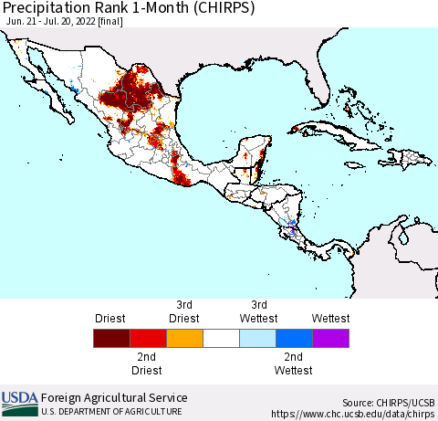 Mexico Central America and the Caribbean Precipitation Rank since 1981, 1-Month (CHIRPS) Thematic Map For 6/21/2022 - 7/20/2022