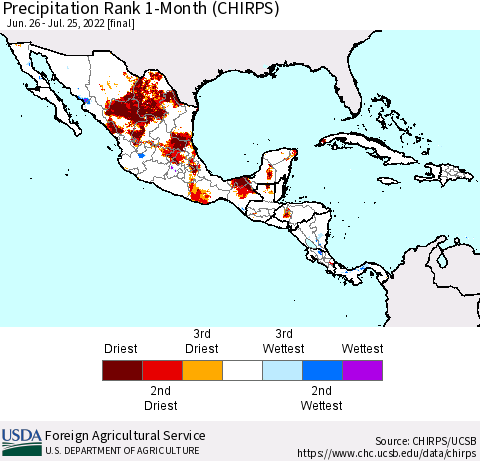 Mexico Central America and the Caribbean Precipitation Rank since 1981, 1-Month (CHIRPS) Thematic Map For 6/26/2022 - 7/25/2022