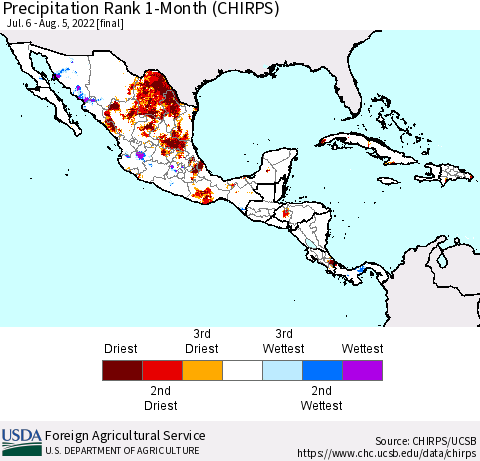 Mexico Central America and the Caribbean Precipitation Rank since 1981, 1-Month (CHIRPS) Thematic Map For 7/6/2022 - 8/5/2022