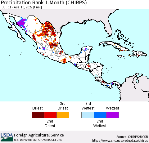 Mexico Central America and the Caribbean Precipitation Rank since 1981, 1-Month (CHIRPS) Thematic Map For 7/11/2022 - 8/10/2022