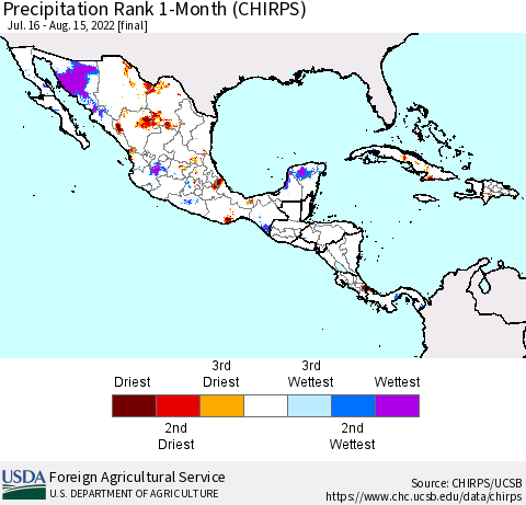 Mexico Central America and the Caribbean Precipitation Rank since 1981, 1-Month (CHIRPS) Thematic Map For 7/16/2022 - 8/15/2022