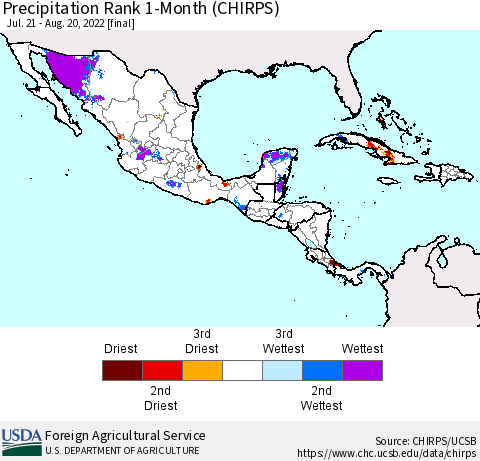 Mexico Central America and the Caribbean Precipitation Rank since 1981, 1-Month (CHIRPS) Thematic Map For 7/21/2022 - 8/20/2022