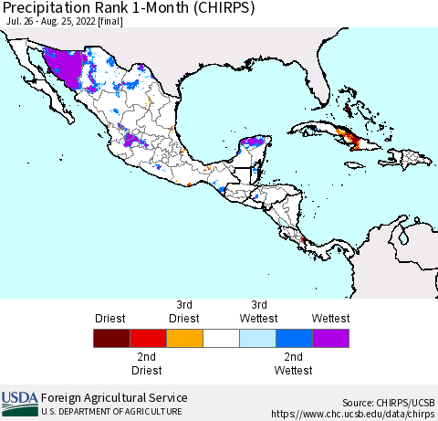 Mexico Central America and the Caribbean Precipitation Rank since 1981, 1-Month (CHIRPS) Thematic Map For 7/26/2022 - 8/25/2022