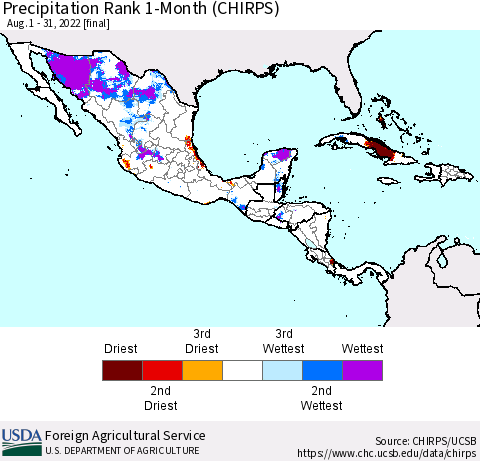 Mexico Central America and the Caribbean Precipitation Rank since 1981, 1-Month (CHIRPS) Thematic Map For 8/1/2022 - 8/31/2022