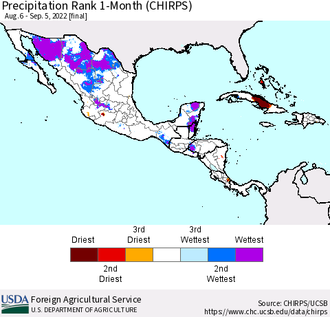 Mexico Central America and the Caribbean Precipitation Rank since 1981, 1-Month (CHIRPS) Thematic Map For 8/6/2022 - 9/5/2022