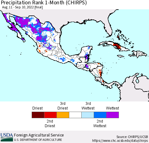 Mexico Central America and the Caribbean Precipitation Rank since 1981, 1-Month (CHIRPS) Thematic Map For 8/11/2022 - 9/10/2022
