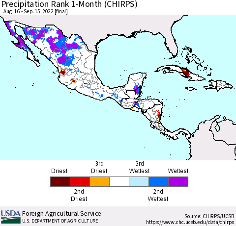 Mexico Central America and the Caribbean Precipitation Rank since 1981, 1-Month (CHIRPS) Thematic Map For 8/16/2022 - 9/15/2022