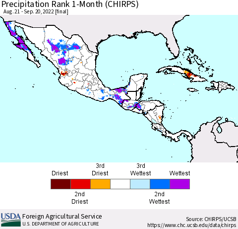 Mexico Central America and the Caribbean Precipitation Rank since 1981, 1-Month (CHIRPS) Thematic Map For 8/21/2022 - 9/20/2022