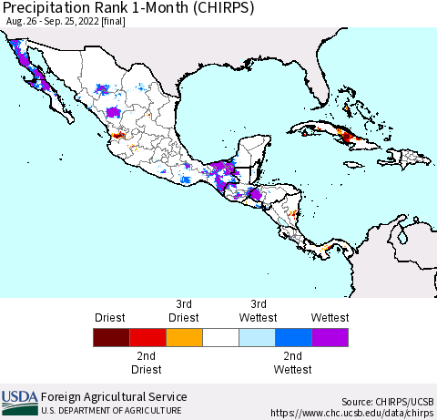Mexico Central America and the Caribbean Precipitation Rank since 1981, 1-Month (CHIRPS) Thematic Map For 8/26/2022 - 9/25/2022