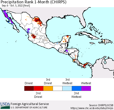 Mexico Central America and the Caribbean Precipitation Rank since 1981, 1-Month (CHIRPS) Thematic Map For 9/6/2022 - 10/5/2022