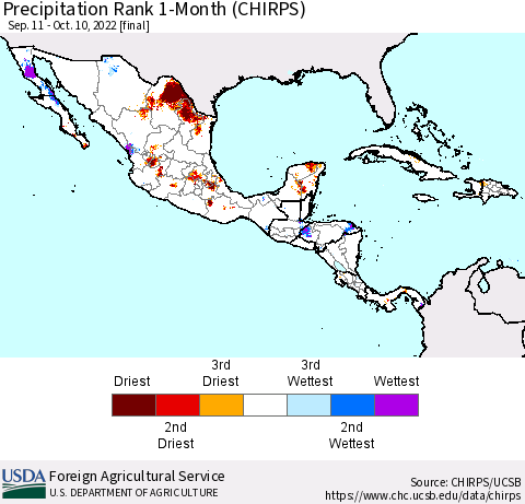 Mexico Central America and the Caribbean Precipitation Rank since 1981, 1-Month (CHIRPS) Thematic Map For 9/11/2022 - 10/10/2022