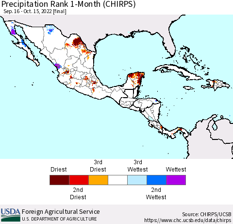 Mexico Central America and the Caribbean Precipitation Rank since 1981, 1-Month (CHIRPS) Thematic Map For 9/16/2022 - 10/15/2022