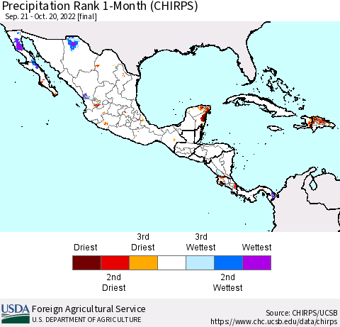 Mexico Central America and the Caribbean Precipitation Rank since 1981, 1-Month (CHIRPS) Thematic Map For 9/21/2022 - 10/20/2022