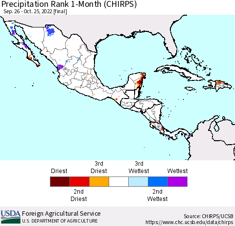 Mexico Central America and the Caribbean Precipitation Rank since 1981, 1-Month (CHIRPS) Thematic Map For 9/26/2022 - 10/25/2022