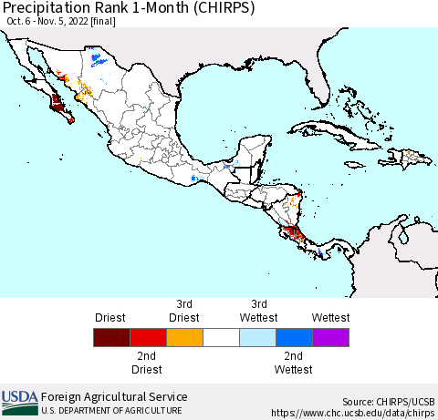 Mexico Central America and the Caribbean Precipitation Rank since 1981, 1-Month (CHIRPS) Thematic Map For 10/6/2022 - 11/5/2022