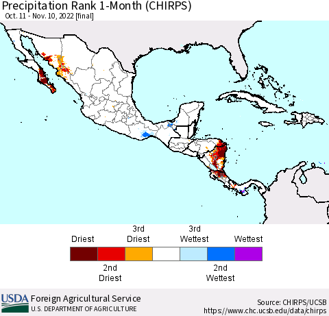 Mexico Central America and the Caribbean Precipitation Rank since 1981, 1-Month (CHIRPS) Thematic Map For 10/11/2022 - 11/10/2022