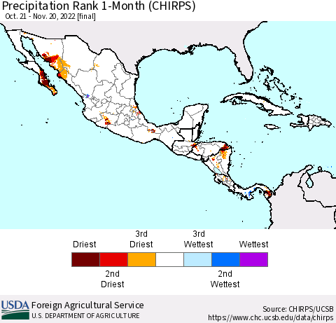 Mexico Central America and the Caribbean Precipitation Rank since 1981, 1-Month (CHIRPS) Thematic Map For 10/21/2022 - 11/20/2022