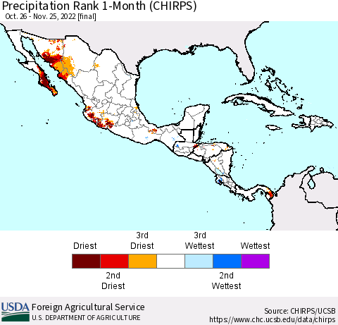 Mexico Central America and the Caribbean Precipitation Rank since 1981, 1-Month (CHIRPS) Thematic Map For 10/26/2022 - 11/25/2022