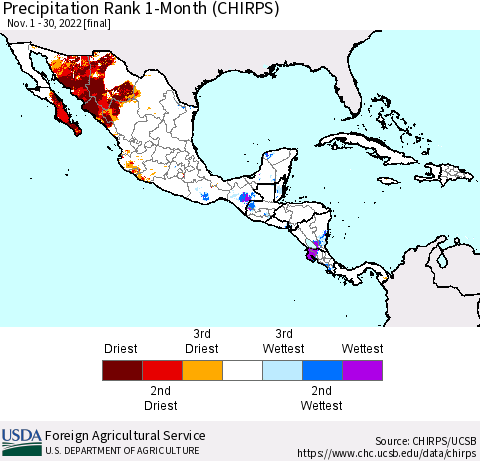Mexico Central America and the Caribbean Precipitation Rank since 1981, 1-Month (CHIRPS) Thematic Map For 11/1/2022 - 11/30/2022