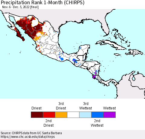 Mexico Central America and the Caribbean Precipitation Rank since 1981, 1-Month (CHIRPS) Thematic Map For 11/6/2022 - 12/5/2022