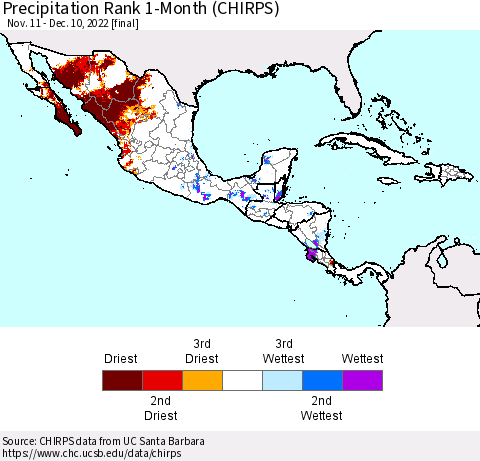 Mexico Central America and the Caribbean Precipitation Rank since 1981, 1-Month (CHIRPS) Thematic Map For 11/11/2022 - 12/10/2022