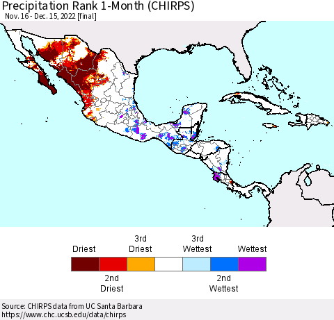 Mexico Central America and the Caribbean Precipitation Rank since 1981, 1-Month (CHIRPS) Thematic Map For 11/16/2022 - 12/15/2022