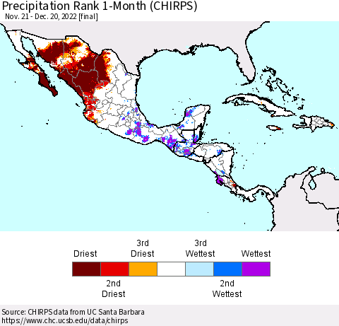 Mexico Central America and the Caribbean Precipitation Rank since 1981, 1-Month (CHIRPS) Thematic Map For 11/21/2022 - 12/20/2022