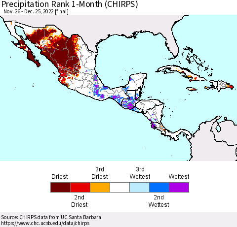 Mexico Central America and the Caribbean Precipitation Rank since 1981, 1-Month (CHIRPS) Thematic Map For 11/26/2022 - 12/25/2022