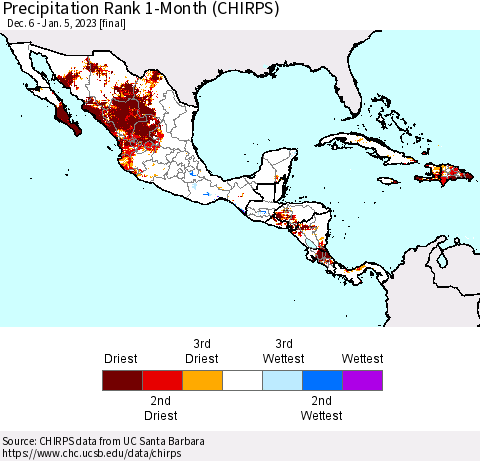 Mexico Central America and the Caribbean Precipitation Rank since 1981, 1-Month (CHIRPS) Thematic Map For 12/6/2022 - 1/5/2023