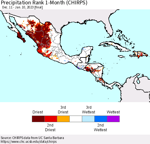 Mexico Central America and the Caribbean Precipitation Rank since 1981, 1-Month (CHIRPS) Thematic Map For 12/11/2022 - 1/10/2023