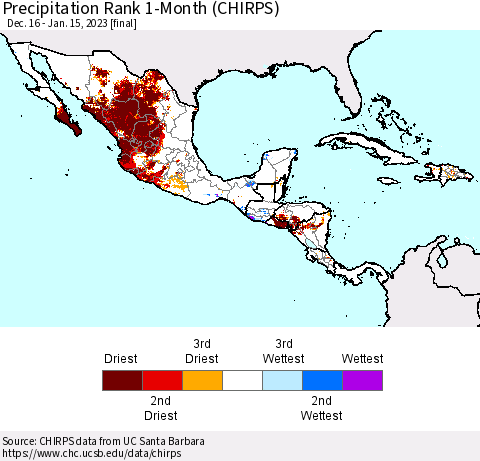 Mexico Central America and the Caribbean Precipitation Rank since 1981, 1-Month (CHIRPS) Thematic Map For 12/16/2022 - 1/15/2023