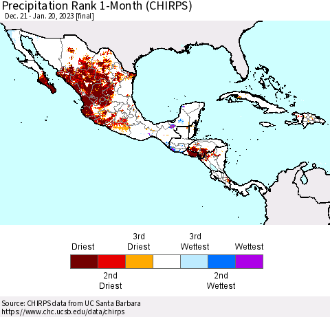 Mexico Central America and the Caribbean Precipitation Rank since 1981, 1-Month (CHIRPS) Thematic Map For 12/21/2022 - 1/20/2023