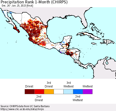 Mexico Central America and the Caribbean Precipitation Rank since 1981, 1-Month (CHIRPS) Thematic Map For 12/26/2022 - 1/25/2023