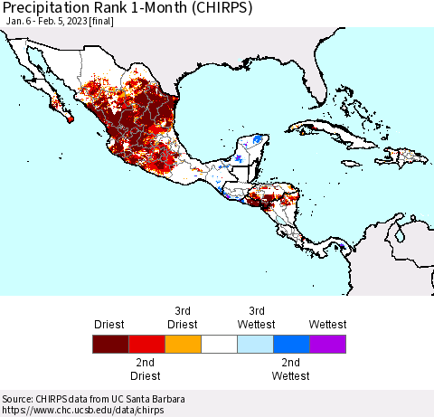 Mexico Central America and the Caribbean Precipitation Rank since 1981, 1-Month (CHIRPS) Thematic Map For 1/6/2023 - 2/5/2023