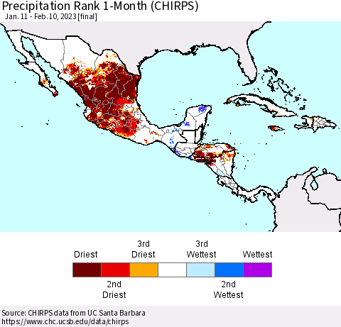 Mexico Central America and the Caribbean Precipitation Rank since 1981, 1-Month (CHIRPS) Thematic Map For 1/11/2023 - 2/10/2023
