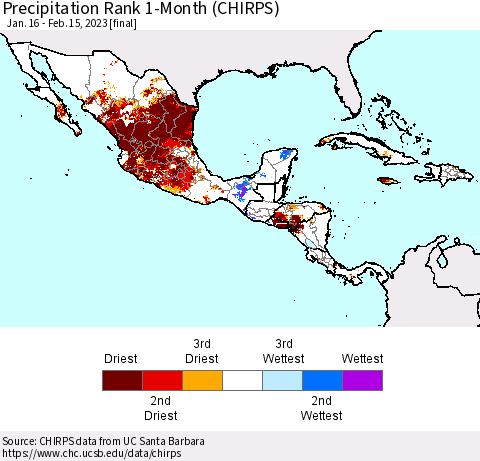 Mexico Central America and the Caribbean Precipitation Rank since 1981, 1-Month (CHIRPS) Thematic Map For 1/16/2023 - 2/15/2023