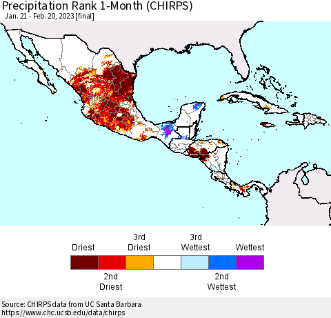Mexico Central America and the Caribbean Precipitation Rank since 1981, 1-Month (CHIRPS) Thematic Map For 1/21/2023 - 2/20/2023
