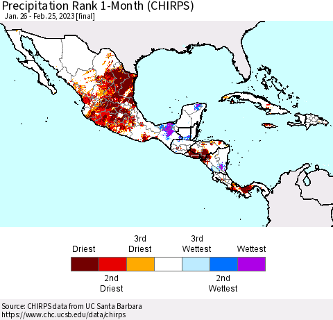 Mexico Central America and the Caribbean Precipitation Rank since 1981, 1-Month (CHIRPS) Thematic Map For 1/26/2023 - 2/25/2023