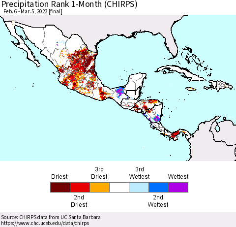Mexico Central America and the Caribbean Precipitation Rank since 1981, 1-Month (CHIRPS) Thematic Map For 2/6/2023 - 3/5/2023