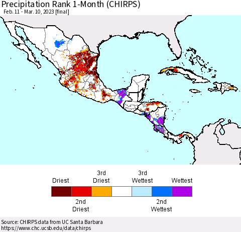 Mexico Central America and the Caribbean Precipitation Rank since 1981, 1-Month (CHIRPS) Thematic Map For 2/11/2023 - 3/10/2023