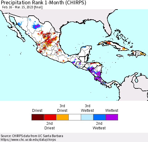 Mexico Central America and the Caribbean Precipitation Rank since 1981, 1-Month (CHIRPS) Thematic Map For 2/16/2023 - 3/15/2023