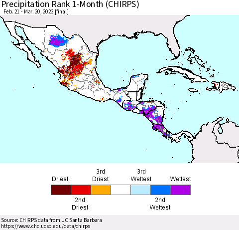 Mexico Central America and the Caribbean Precipitation Rank since 1981, 1-Month (CHIRPS) Thematic Map For 2/21/2023 - 3/20/2023