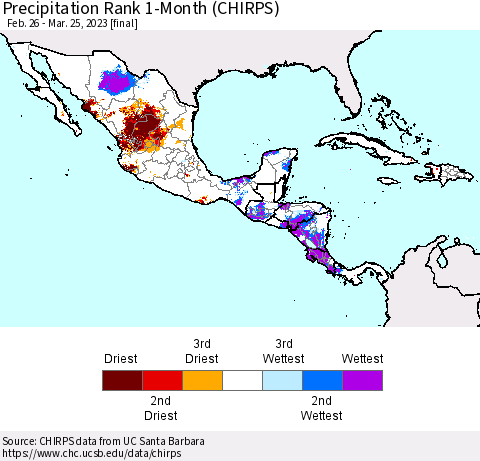Mexico Central America and the Caribbean Precipitation Rank since 1981, 1-Month (CHIRPS) Thematic Map For 2/26/2023 - 3/25/2023