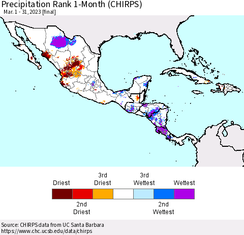 Mexico Central America and the Caribbean Precipitation Rank since 1981, 1-Month (CHIRPS) Thematic Map For 3/1/2023 - 3/31/2023