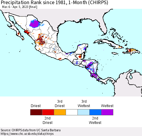 Mexico Central America and the Caribbean Precipitation Rank since 1981, 1-Month (CHIRPS) Thematic Map For 3/6/2023 - 4/5/2023